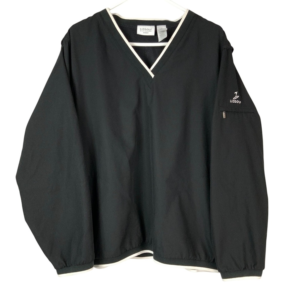 LizGolf Liz Claiborne Black Windbreaker 2X Pullover V-Neck Long Sleeve Trim